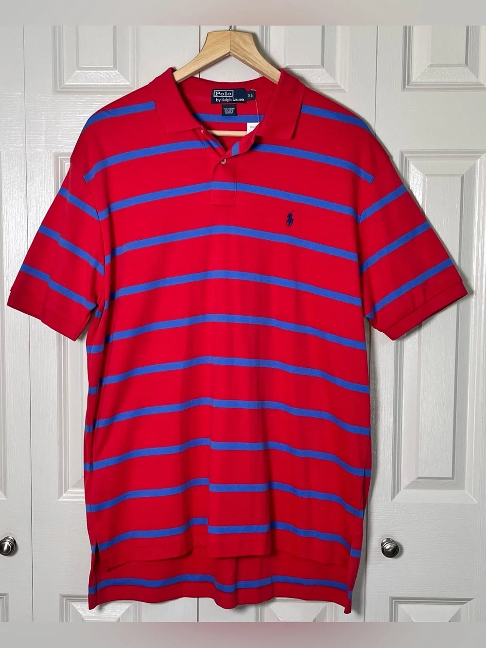 Polo Ralph Lauren Mens Red And Blue Striped Polo With Navy Blue Pony Logo XL New